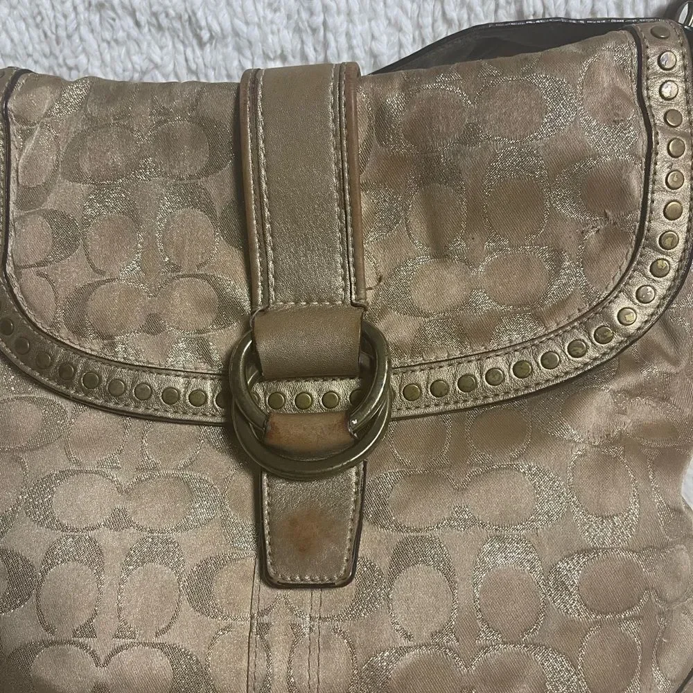 Coach Metallic Fabric Gold Signature Lured Studded Crossbody Bag  leather trims